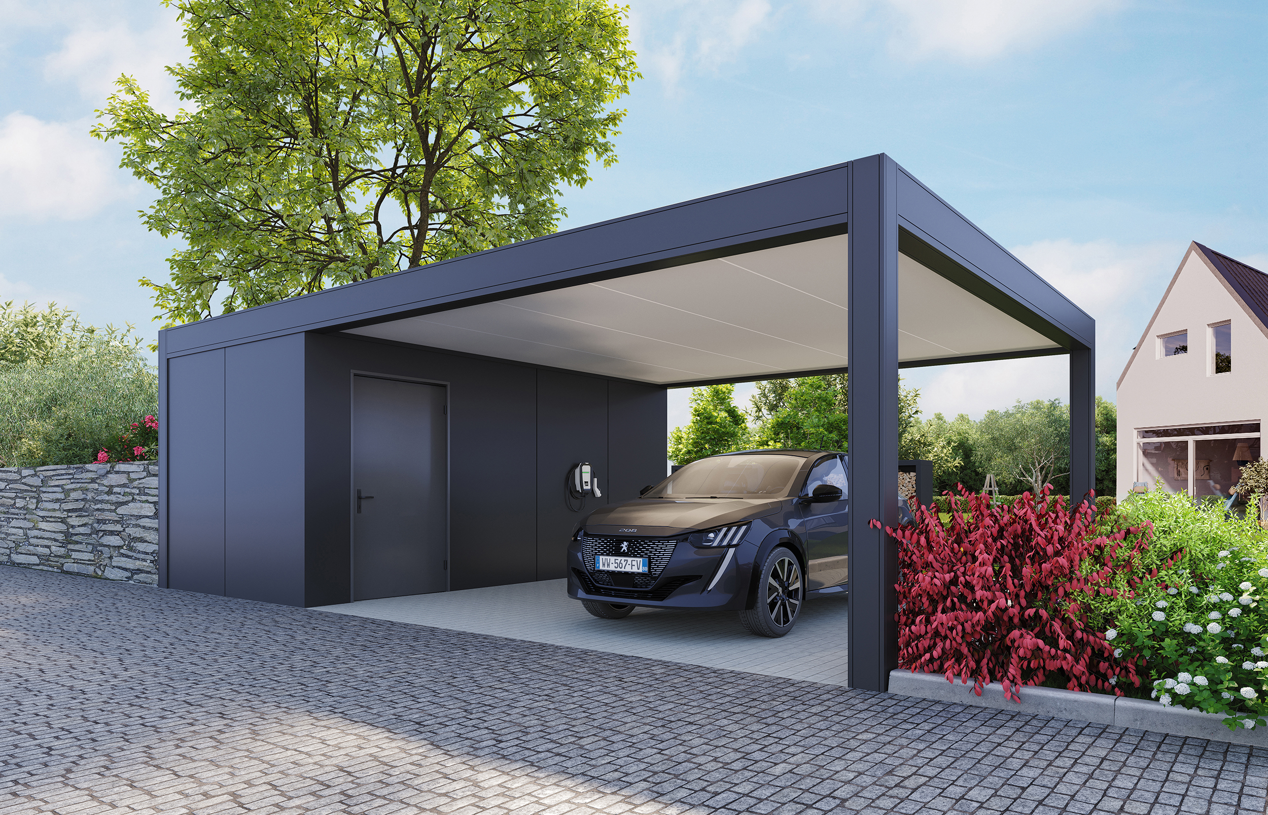 Carport abritant une voiture avec des panneaux PANext® 62